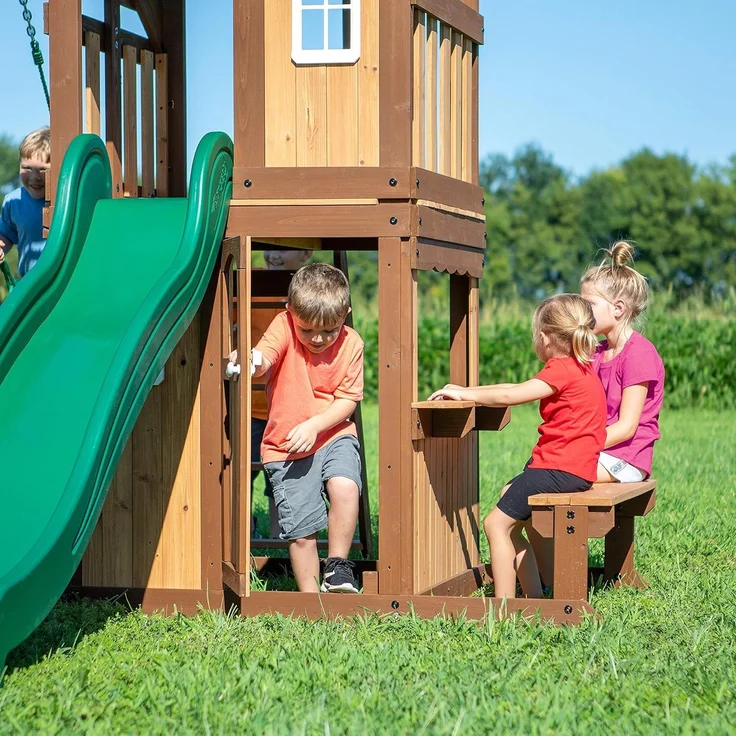 Backyard Discovery Lakewood Spielturm aus Holz XXL Spielhaus für Kinder mit Rutsche, Schaukel, Trapez & Picknicktisch | Braun, grün | Holz | 430.00 cm – Bild 4