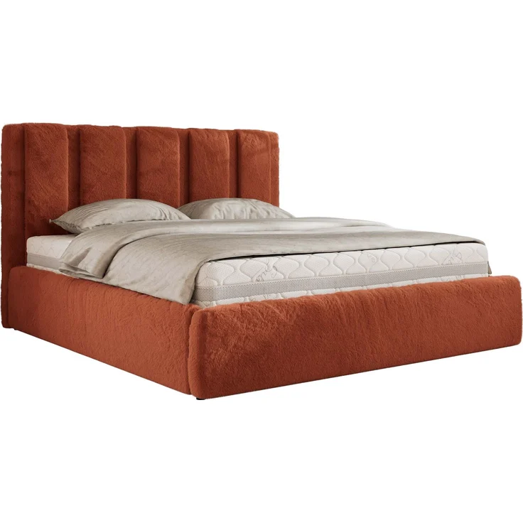 Polsterbett SAVINO CLASSIC mit Bettkasten und Lattenrost Doppelbett 140 x 200 cm mit hohem Kopfteil Stauraumbett Bett mit Gasdruckfeder - Orange Plüsch - Foam Matratze - MIRO LUX – Bild 7
