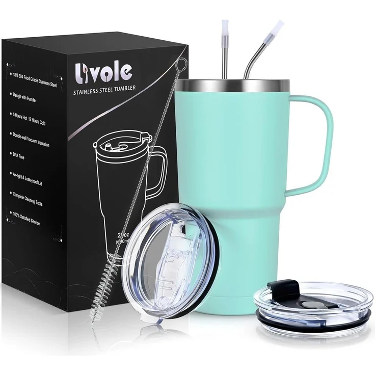 Livole 600ml Thermobecher Vakuum Kaffeebecher Thermo Edelstahl Strohhalm Deckel – Bild 1