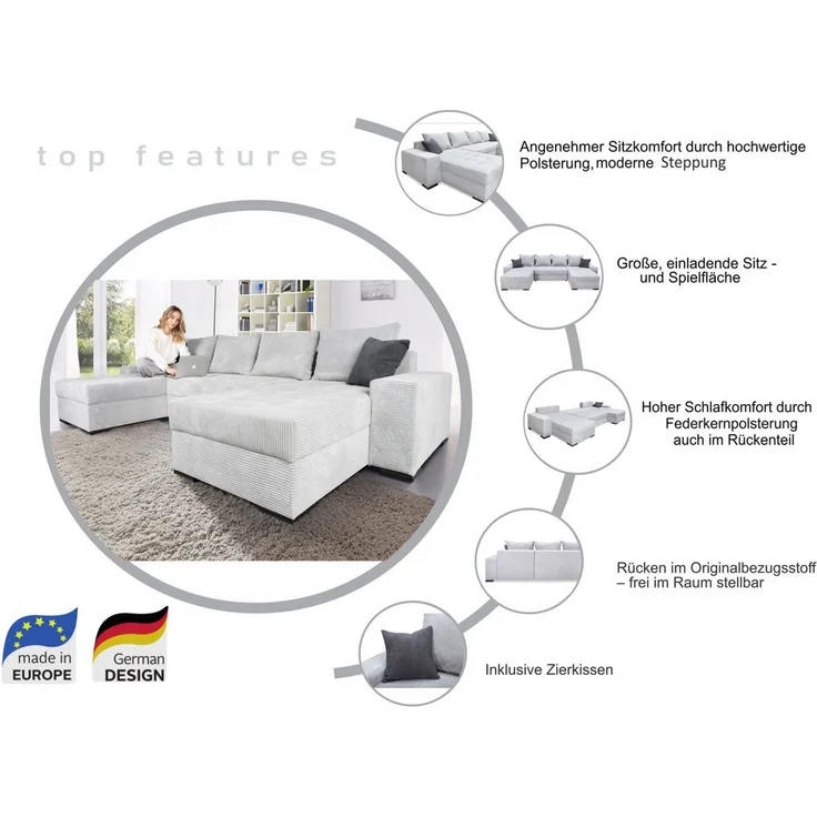 COLLECTION AB Wohnlandschaft Josy XL U-Form, B: 313 cm in Cord, Cord-Mix, Schlaffunktion, Bettkasten & 2 Zierkissen, Federkern – Bild 3