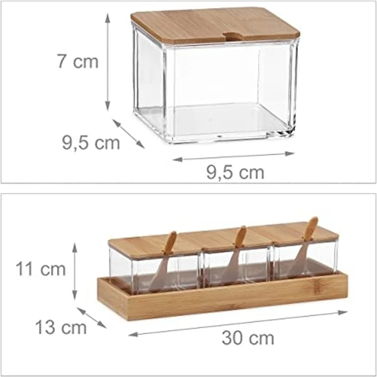 relaxdays Gewürzbehälter Set mit Löffel & Deckel, Bambus, transparent – Bild 4