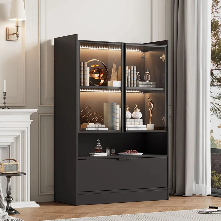 N625P250568569S) Moderne LED Vitrine Schwarz Matt Höhe 120cm mit app LED-Beleuchtung, Glasvitrine Standvitrine mit Beleuchtung, Wohnzimmerschrank mit Glastüren und Klapptür, Spanplatte Display Schrank--Schwarz--80x35x120cm--YOUDENOVA – Bild 4