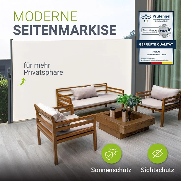 Juskys Seitenmarkise Dubai 300 x 190 cm ausziehbar blickdicht, Sichtschutz für Balkon & Terrasse, Seitenrollo mit Wandhalterung – beige – Bild 2