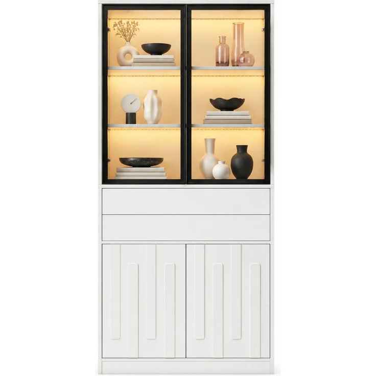 Vitrinenschrank 70x34x180 cm mit LED-Glasvitrine, 2 Schubladen, Weiß – Bild 7
