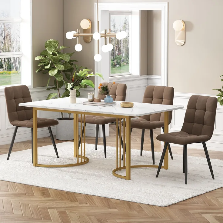 Essgruppe 5-tlg, Esstisch 140x80x75 cm & 4 Samtstühle in Weiß/Gold & Braun