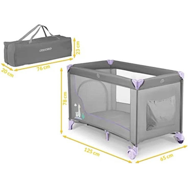 Ricokids Reisebett Baby Mit Matratze 125 x 65 x 78 cm Kinderreisebett Babybett Bis 15 kg 2 Räder Mit Bremsen Abnehmbarer Seiteneingang Transporttasche Faltbar Kompakt Hellgrau Lavendel – Bild 3