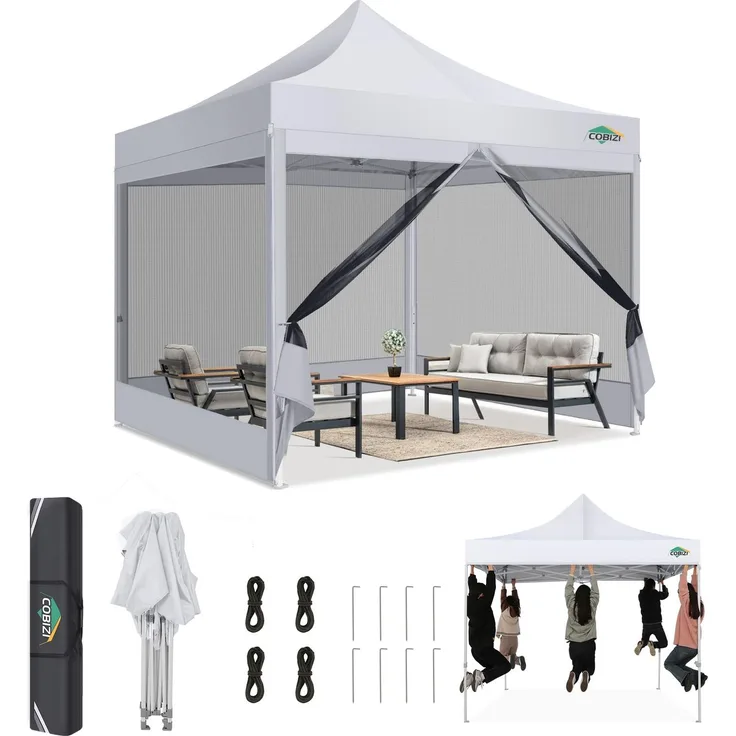 COBIZI Pavillon 3x3,Faltpavillon 3x3 Wasserdicht Stabil,Pavillon Faltbar Anti-UV mit Mesh-Seitenwände,Pavillion für Camping Events, Partyzelt Gartenzelt mit Tragetasche(3 mal 3m Weiss)