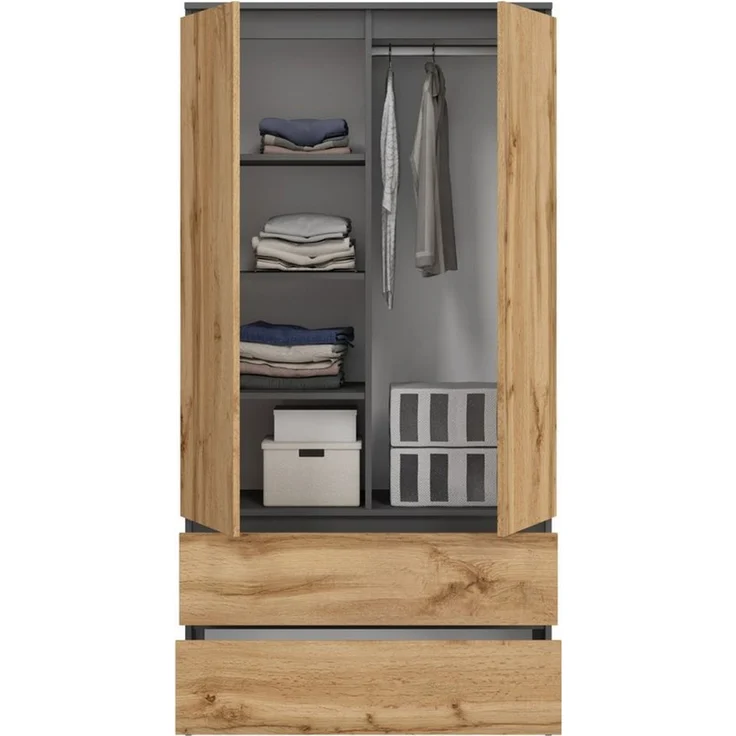 Home Collective Kleiderschrank Schrank 90cm breit mit 2 Schubladen, 3 Einlegeböden und Kleiderstange (Haushaltsschrank Schrank Organizer erweiterbar auf 235cm Höhe für Schlafzimmer Flur Keller Büro) 180cm hoch mit 7 Fächern aus Holz in Anthrazit / Eiche – Bild 3