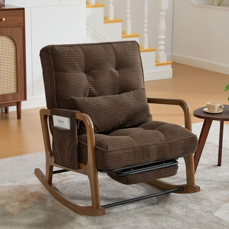 LVHOM Schaukelstuhl mit ausziehbarer Fußstütze, Relaxsessel mit verstellbare Rückenlehne, Loungesessel mit Seitentasche, bis 150 kg belastbar, Braun – Bild 2
