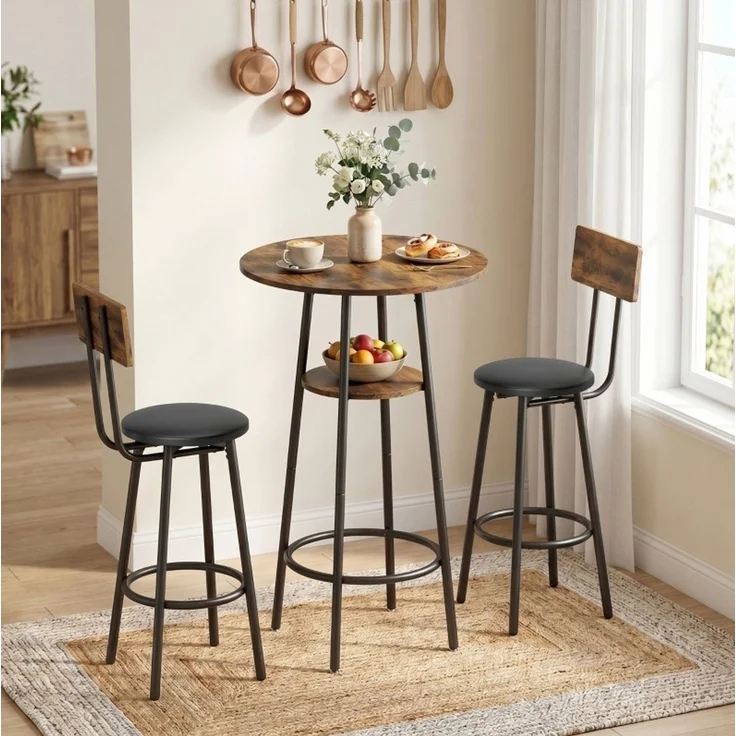 Bartisch-Set 60×60×91 cm für 2 Personen mit Ablage und gepolsterten Barhockern – rustikalbraun – Bild 1