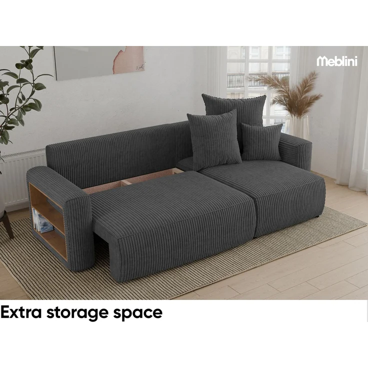 MEBLINI Schlafcouch mit Bettkasten - 238x142x73cm - Dunkelgrau Cordstoff - SOLARIS - Kleines Ecksofa mit Schlaffunktion - Sofa mit Relaxfunktion und Kissen - Kleine Couch L-Form - Eckcouch – Bild 4
