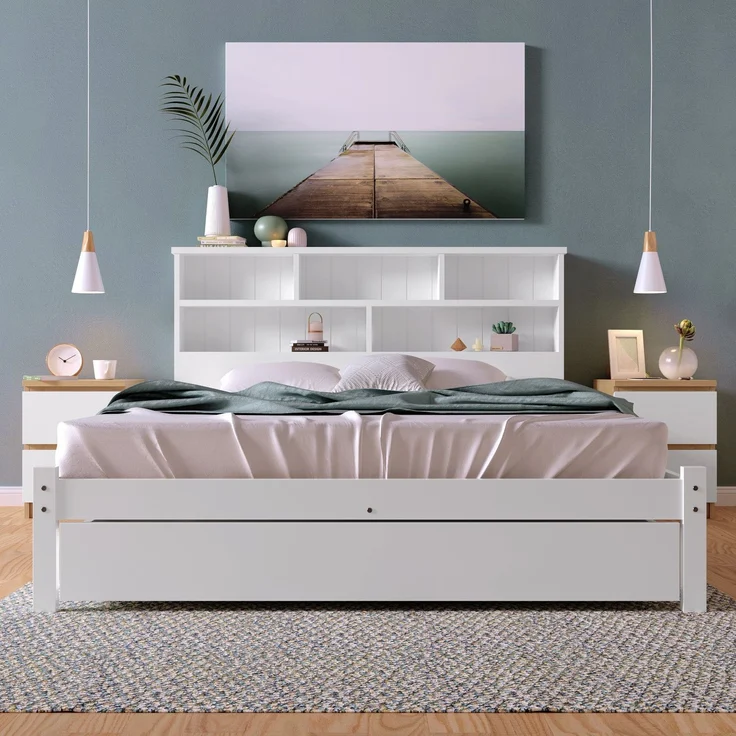 Holzbett, Doppelbett inkl. Schublade und Lattenrost, Kopfteil mit Regal, 140x200 cm, Holzbett aus Kiefer – Bild 2