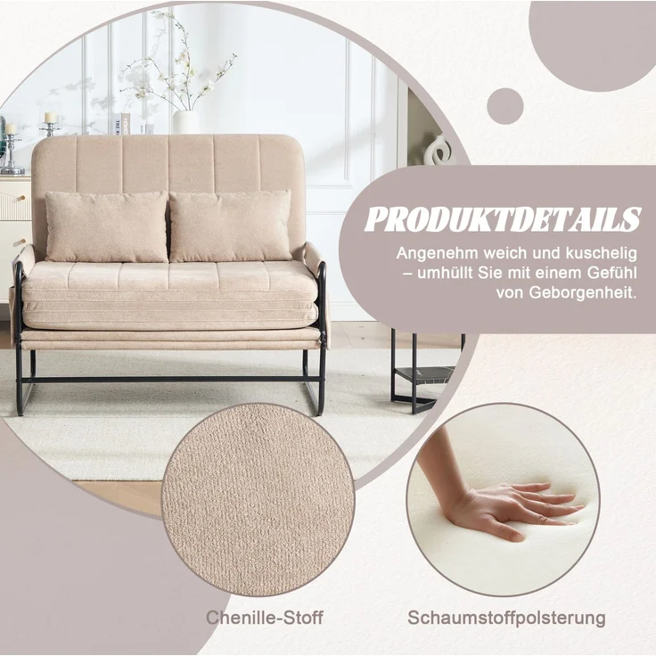 Klappsofa aus Chenille mit Seitentaschen, 104x85x92 cm, Khaki – Bild 8
