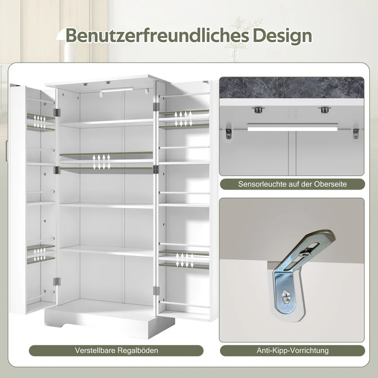 Abrihome Küchenschrank mit LED, Doppeltür und Kippschutzvorrichtung, Weiß, 128x35x60 cm – Bild 6