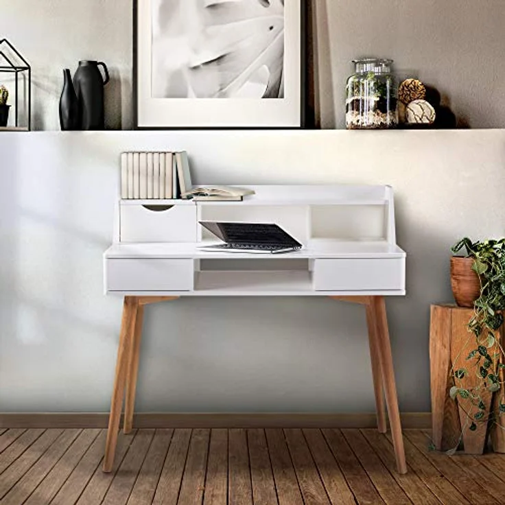 Teamson Home, Creativo Holzschreiberschreibtisch, MDF, mit Lagerung, Regalen und Schubladen, Büro, Weiß/Natur, VNF-00045 – Bild 5