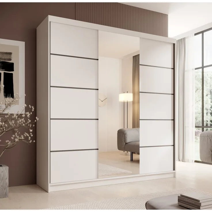 MOEBLO Schiebetürenschrank Lumis 200 (Moderner Kleiderschrank mit Spiegel für Schlafzimmer und Ankleidezimmer, 3 Schiebetüren, 11 Einlegeböden, stabile Kleiderstange, Schwebetürenschrank Schrank Garderobe Schiebtüren Schlafzimmer, Wohnzimmerschrank mit...