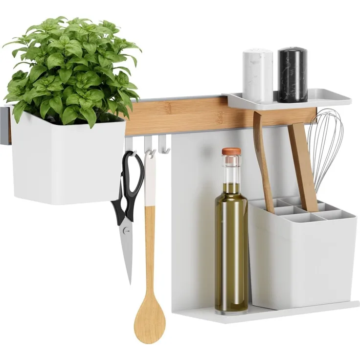 tesa Hakenleiste tesa Küchen-Organizer Kombi-Set M - selbstklebende Küchenleiste, (Komplett-Set, 6 St, inkl. Kräutertopf, 2 Ablagen, Utensilienhalter, Hakenleiste (3 Haken), Flexible Organisationsleiste für die Küche, Montage ohne Bohren
