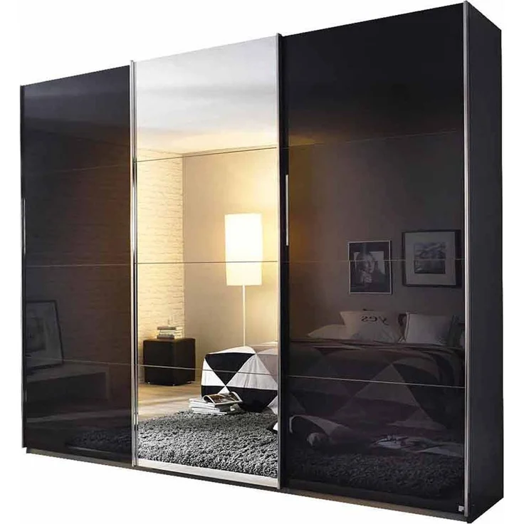 Schwebetürenschrank Kiel-C / Kulmbach-C, Holzwerkstoff, Grau, Schwarz, Verspiegelt, 271 x 229 x 62 cm – Bild 1