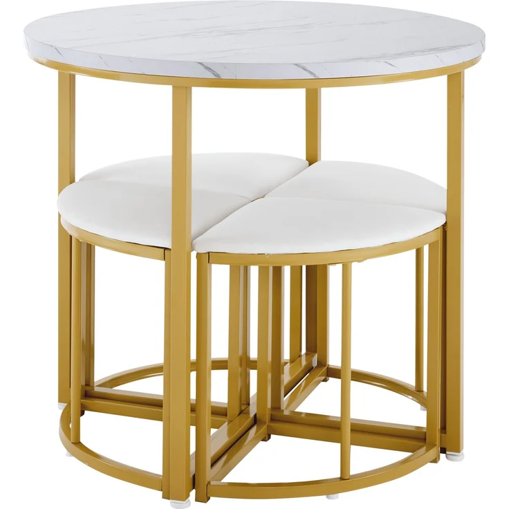 Runder Esstisch 80 cm mit 4 Samtstühlen, MDF Tischplatte weiß, Essgruppe mit vergoldetem Metallrahmen für Küche & Esszimmer – Bild 5
