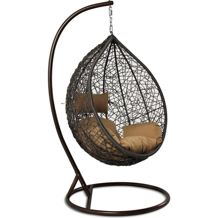 PureHaven Hängesessel 115 x 120 x 202 cm Rattan-Kunststoffgeflecht elegant geformt mit Kissen wasserfest strapazierfähig gefederte Aufhängung braun/kupfer – Bild 3