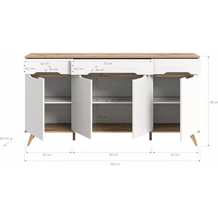Xonox Sideboard, Weiß, Holzwerkstoff mit Glastüren, B/H/T: 185x95x40 cm, nachhaltig und elegant – Bild 3