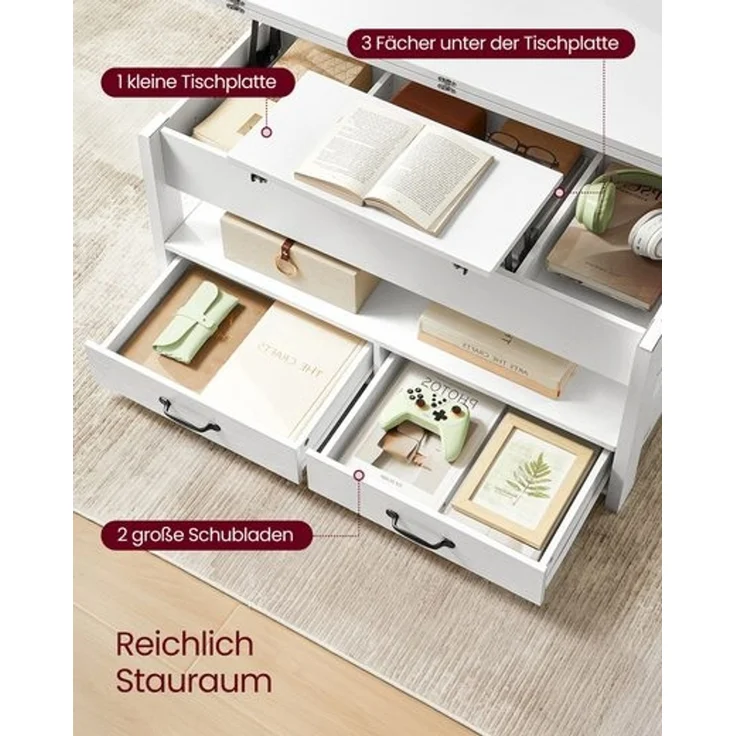 VASAGLE Couchtisch, Wohnzimmertisch, Gaszylinder, höhenverstellbar, viel Stauraum, Kaffeetisch, für Wohnzimmer, weiß – Bild 5