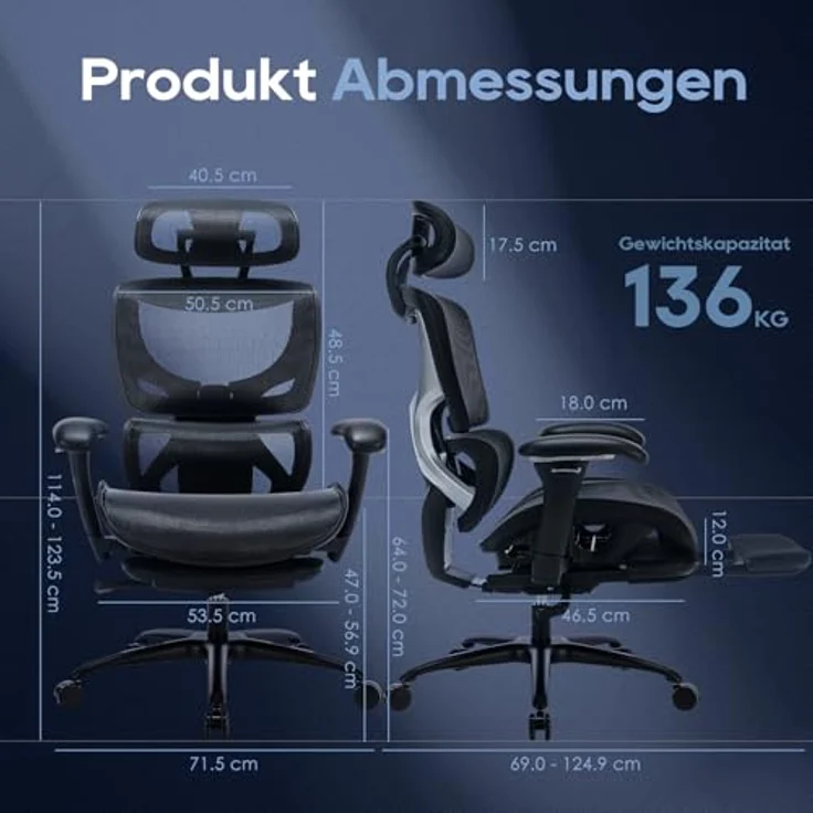 COLAMY Ergonomischer Bürostuhl mit Fußstütze, 3D-Armlehnen, Kopfstütze, Lendenwirbelstütze & Atmungsaktives Mesh – Schreibtischstuhl für Büro & Home Office, Schwarz – Bild 4