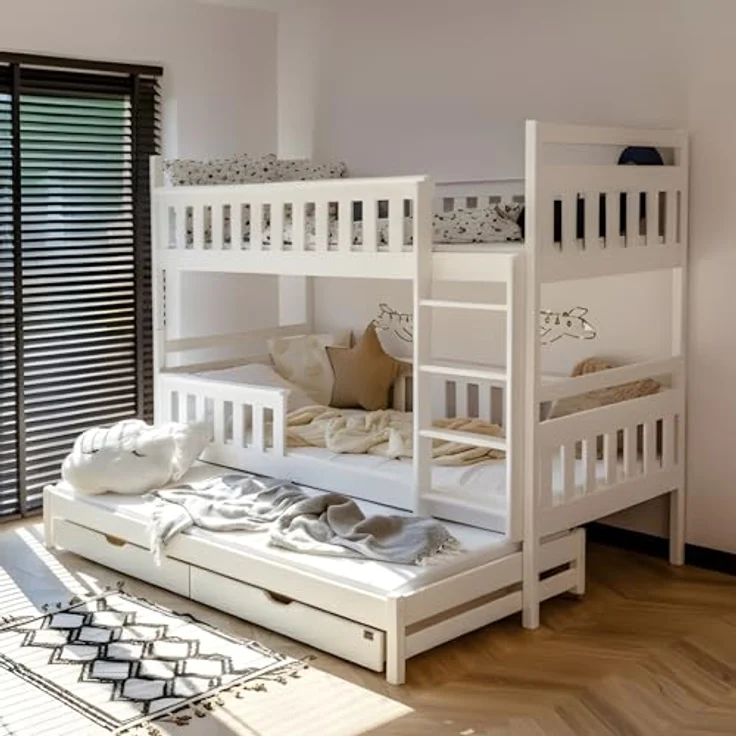 Kids Collective Hochbett 90x200 mit Ausziehbett Kinderbett mit Ausziehfunktion, zwei Schubladen Lattenrost, Rausfallschutz, mit 3 Matratzen, Vollholz in weiss – Bild 2