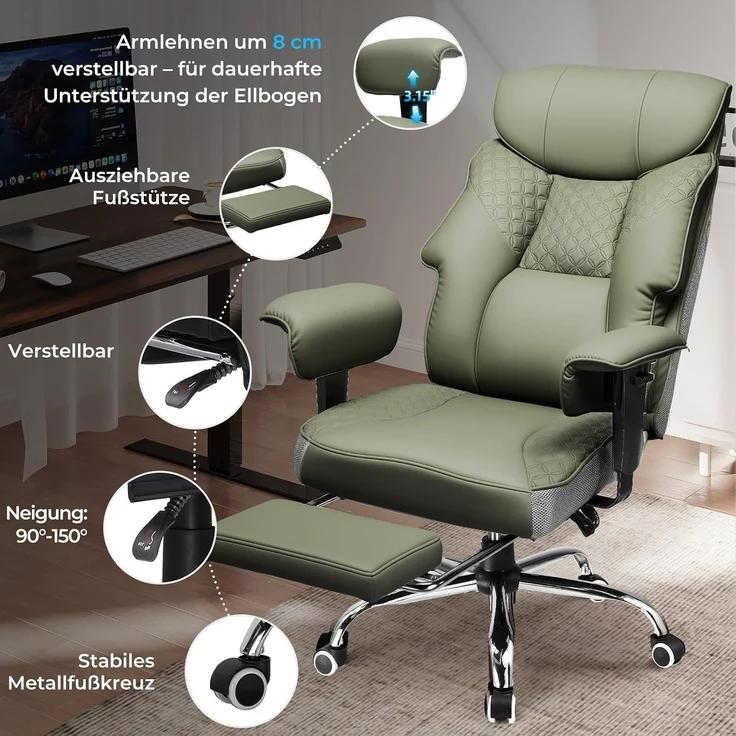 COMHOMA Gaming Stuhl für Große und Schwere Personen, ergonomischer Bürostuhl bis 180 kg, 3D Sitzkissen, verstellbar mit Fußstütze, PU-Leder, hoher Komfort für Büro & Gaming grün – Bild 4