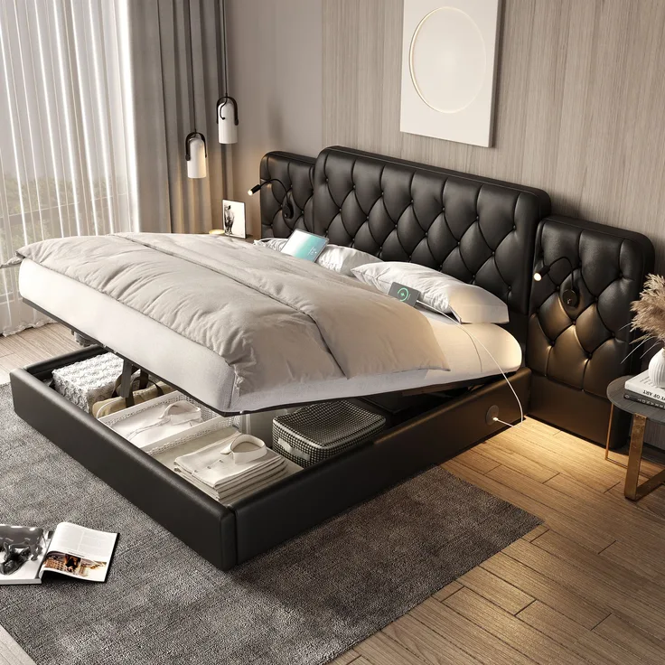 LVHOM Boxbett 160x200cm Bettgestell, PU-Leder, Verlängertes und Vergrößertes Kopfteil, Nachttischlampe, USB-Ladeanschlüssen, hydraulischem Stauraum-System, Polsterbett Doppelbett