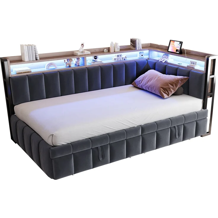Ausziehbett mit Liegefläche 90×200 cm und Auszug 90×190 cm, LED, Dunkelgrau, ohne Matratze – Bild 4