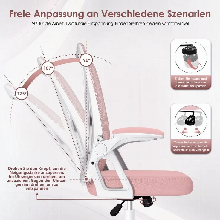 Adormii Bürostuhl Ergonomischer Bürostuhl mit klappbaren Armlehnen und Rückenlehnen (Drehstuhl mit Drehbare, höhenverstellbarer Kopfstütze, geräuscharme Rollen, 90°-135° Wippfunktion Bürostuhl, belastbar bis 150kg, Netz atmungsaktiv, Chefsessel), Leise... – Bild 3