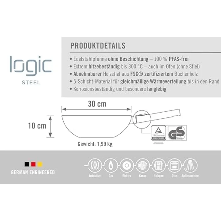 WOLL Wok Logic Steel, Edelstahl 18/10 (1-tlg), 5-Schicht-Aufbau – Bild 7