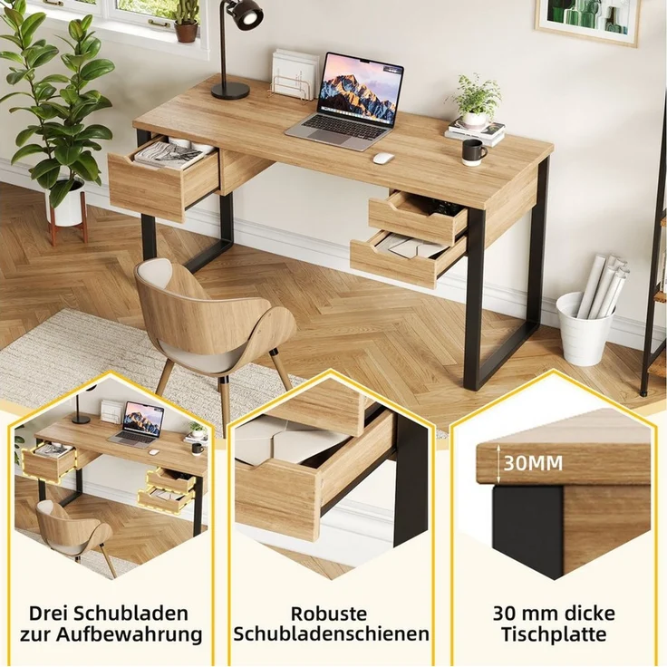 Celya Schreibtisch aus Stahl und Holz, mit 3 Schubladen zur Aufbewahrung (130×55×76cm, Melaminbeschichtung, robuste Schubladenschienen), für Homeoffice, Arbeitszimmer, Jugendzimmer oder Studentenwohnungen – Bild 3