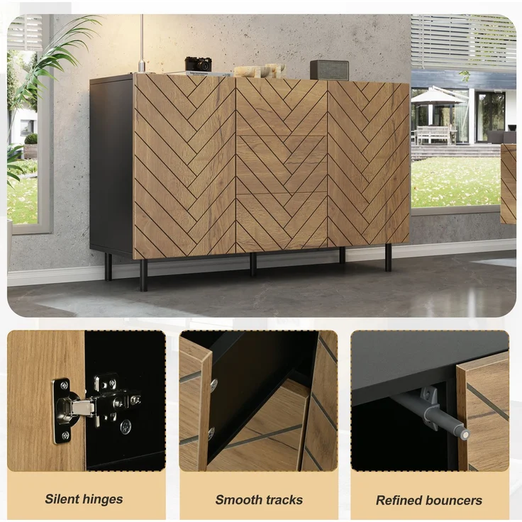 DESVIAE Sideboard mit 3 Schubladen und 2 Schränken 120x76x40 cm Spanplatte Holzoptik Schwarz – Bild 5