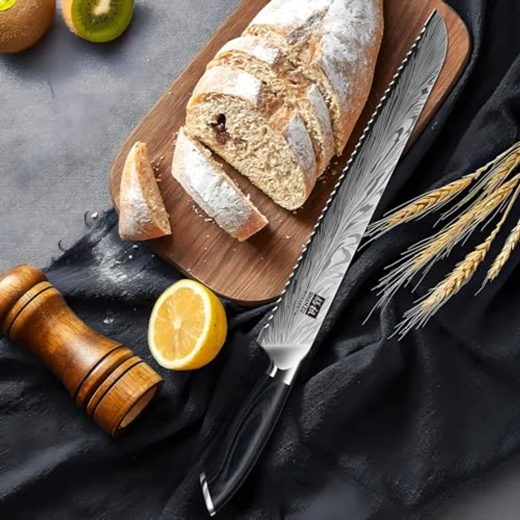 SHAN ZU Brotmesser aus Pulverstahl, 25 cm Japanisches Küchenmesser mit Wellenschliff Kohlenstoffreiches 63 HRC-Brotschneidemesser 12°-Scharfes Längerer Klinge für Brot und Kuchen – Bild 7