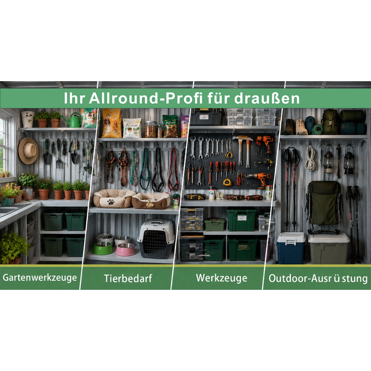 ZUBALIYA Metall-Gartenschuppen 10x8 ft mit Spitzdach in Grau als Außenlager. Der Schuppen ist mit einem integrierten Bodenrahmen ausgestattet. Grundfläche: 7,46 m² – Bild 12