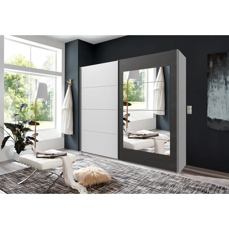 Schwebetürenschrank >Minden< in WEISS + RAW STEEL - 225x208x65cm (BxHxT)