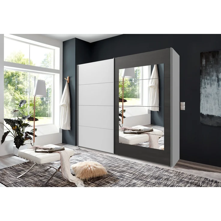 Schwebetürenschrank >Minden< in WEISS + RAW STEEL - 225x208x65cm (BxHxT) – Bild 1
