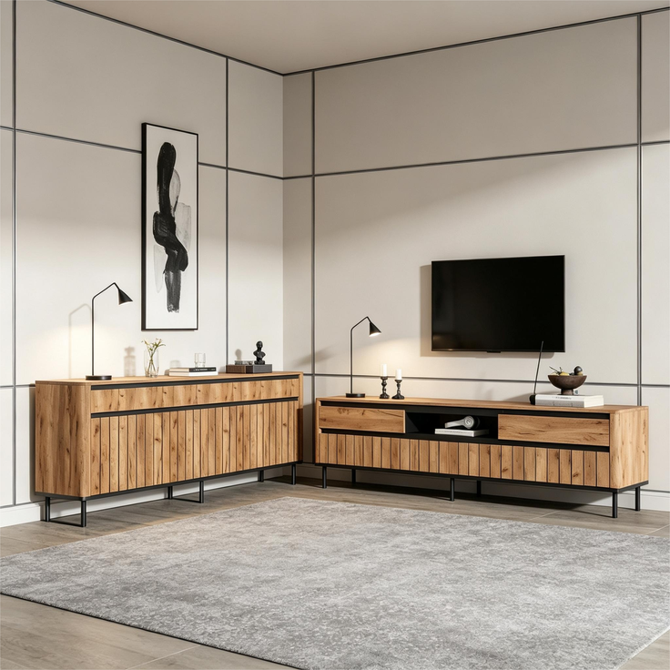 Merax Sideboard (160 x 40 x 73 cm) + viertüriger TV-Schrank (180 x 40 x 52 cm) in Naturholzfarbe mit schwarzen Akzenten, geeignet für einen 75-Zoll-Fernseher – Bild 6