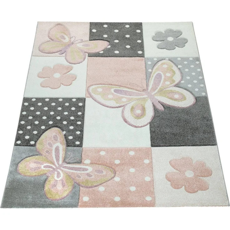 Paco Home Kinderteppich Cosmo 220, rechteckig, Höhe: 12 mm, 3D-Design, Patchwork Muster, niedliches Motiv Schmetterlinge & Punkte – Bild 1