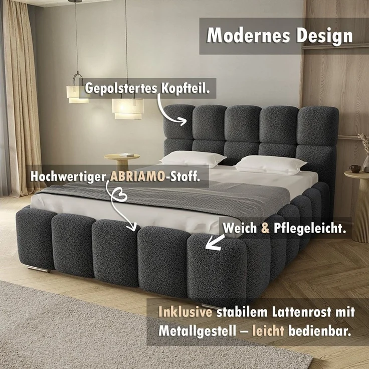 thematys Polsterbett mit Bettkasten & Lattenrost – Stauraumbett 140x200cm, mit 19 cm 7-Zonen-Wende-Taschenfederkern H3/H4 mit Kokos, Grafit – Bild 2