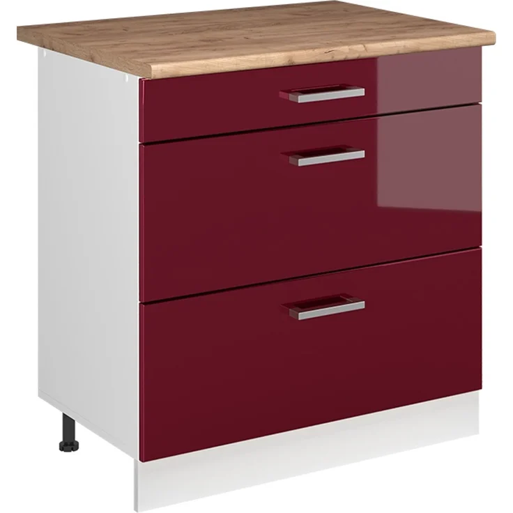Küchenunterschrank R-Line Rot Hochglanz/Weiß 80 cm mit 3 Schubladen Arbeitsplatte Goldkraft Eiche Vicco – Bild 1