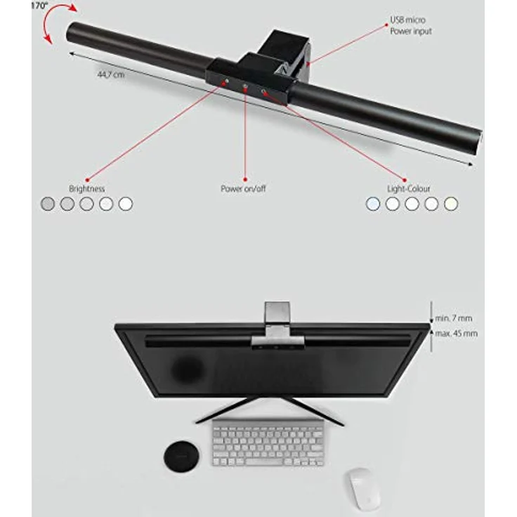 FeinTech LTL00700 LED Monitor Lampe USB, Platzsparende Aluminium Schreibtischlampe mit dimmbarem Licht und einstellbarer Farbtemperatur, neigbar, schwarz – Bild 5