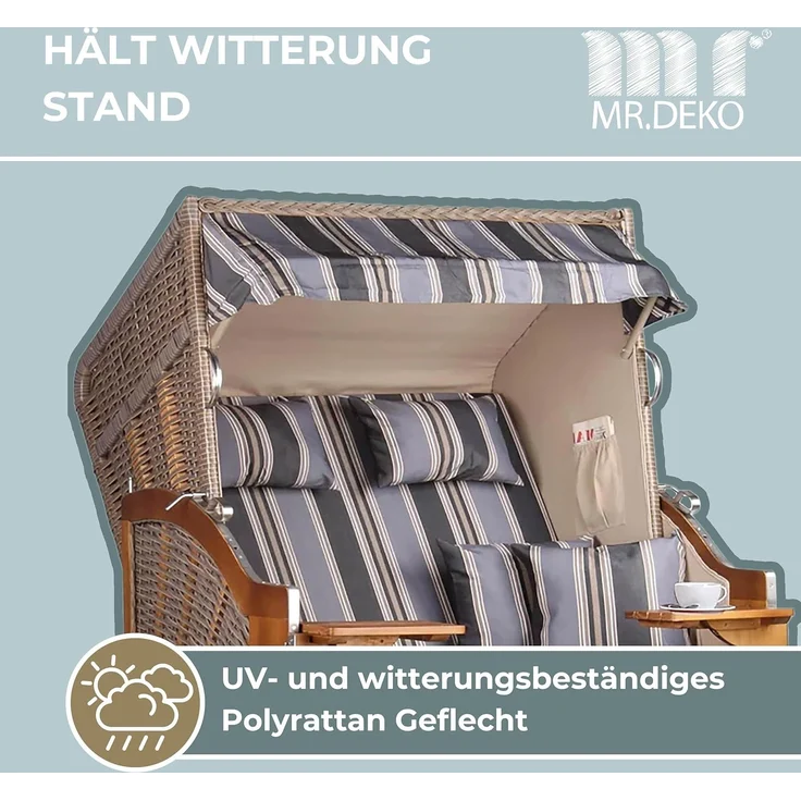 MR. DEKO Strandkorb 2-Sitzer Schleswig Pinie Braun PE Mokka, aufgebaut geliefert, BxTxH: 120x80x160 cm, 2-Sitzer, Schleswig, (Zweisitzer Strandkorb mit Bistrotischen & Fußstützen), Bereits montiert, UV-beständig, Volllieger & Edelstahl-Beschläge – Bild 7