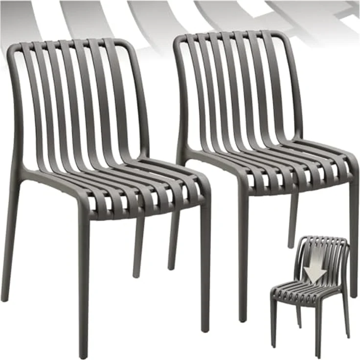 tectake Gartenstuhl Balkonstuhl, stapelbar, Belastbarkeit 110 kg, 47 x 58 x 80,5 cm (Terrassenstuhl Alcudia für Außen in Antrazit, 2 St), wetterfest und UV-beständig, pflegeleicht, rutschfeste Gummischoner – Bild 2
