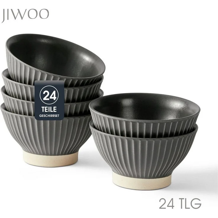 JIWOO Schale 6er Ø12cm, Müslischale Eisschale FrühstückSchale Dessertschale, Keramik, (Set, 24-tlg), Ø12 cm Hochwertiges Matt Schalen Grau Mikrowellenofen Spülmaschine – Bild 1