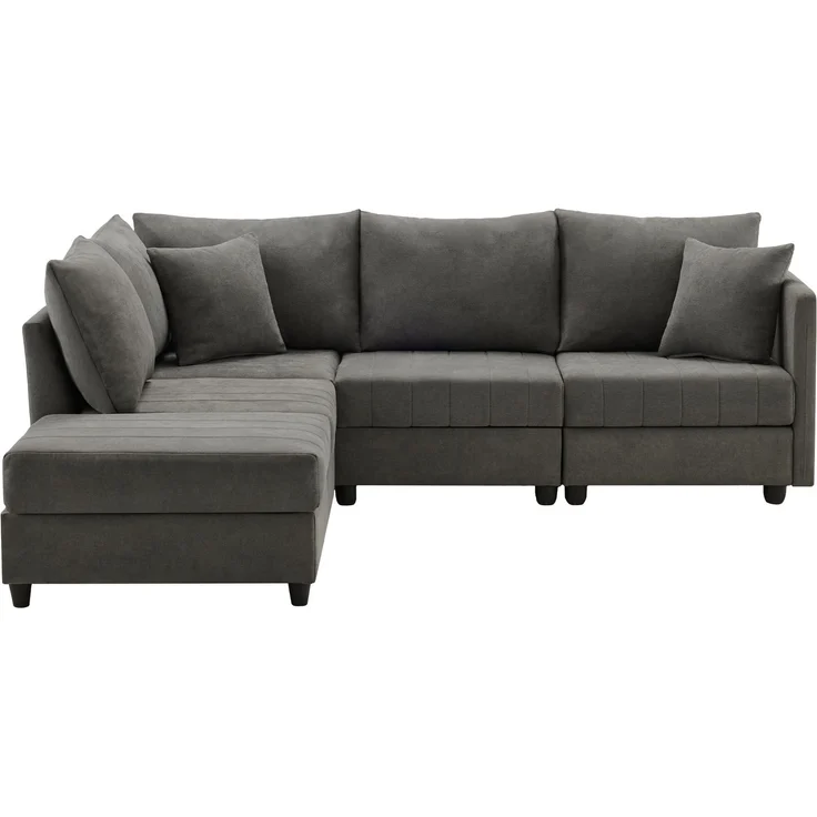 ZUBALIYA Modulare Wohnlandschaft, modular kombinierbar, mit Hocker, H 85 × T 194 × B 220 cm, Grau, Leinenoptik – Bild 11