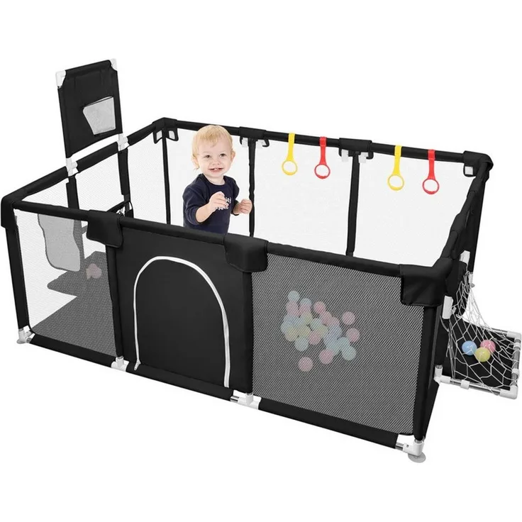 JEOBEST Laufstall Baby Laufgitter - Große Sicherheitsspielplatz, 180x120x66cm - mit Basketball-Netz 50 Ozeanbälle und 4 bunten Ringen