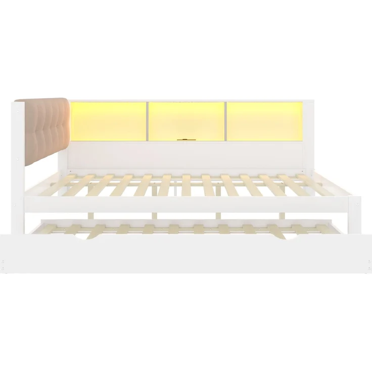 Daybett 140x200 cm mit Ausziehbett und LED-Beleuchtung, Weiß, Kiefernholz & MDF, Einzelbett mit USB-Anschluss, Regal und Rollbett – Bild 10